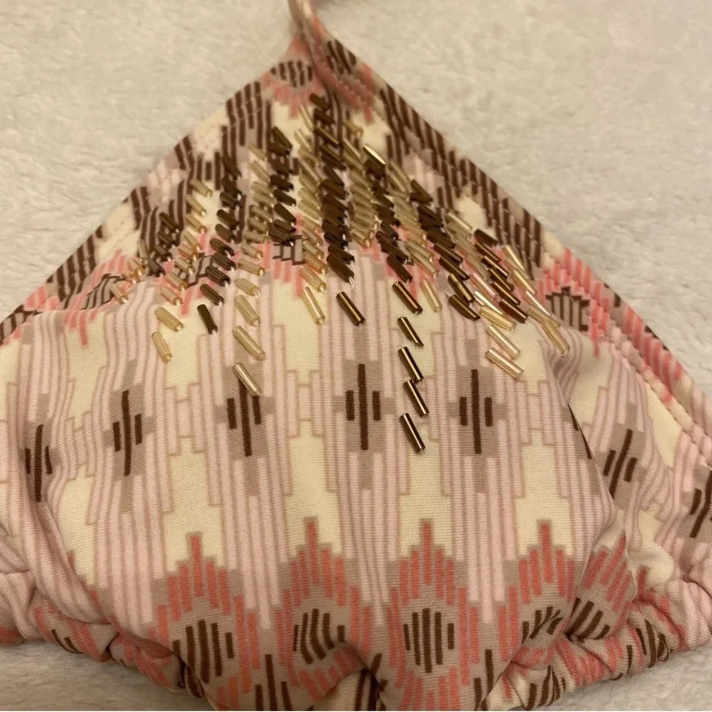 Xhilaration Pink and Brown Patterned Beaded Bikini Top